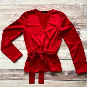 Women's Gibson x Glam Squad Red Surplice V-Neck Long Sleeves Faux Wrap | Size XS